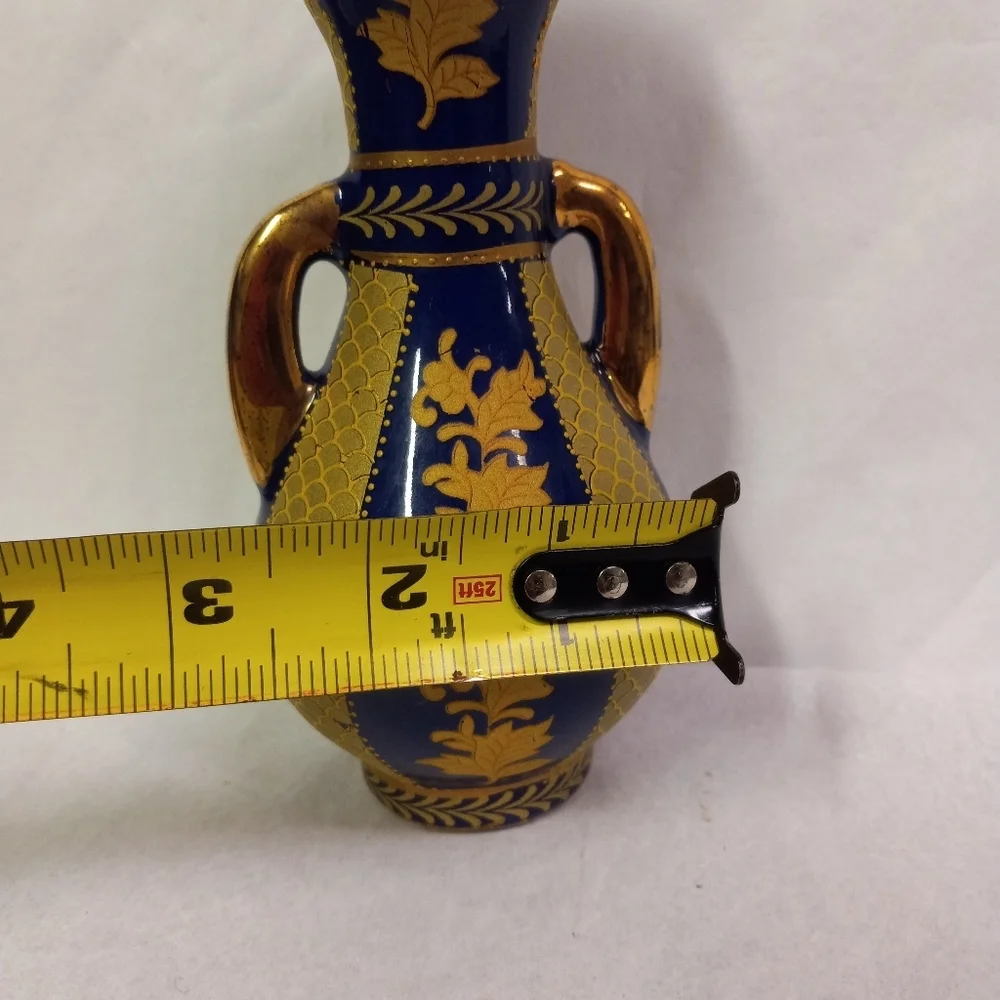 CHINESE Style Satsuma Vase Porcelian Ceramic Cobalt Blue with Gold Trimmings  6